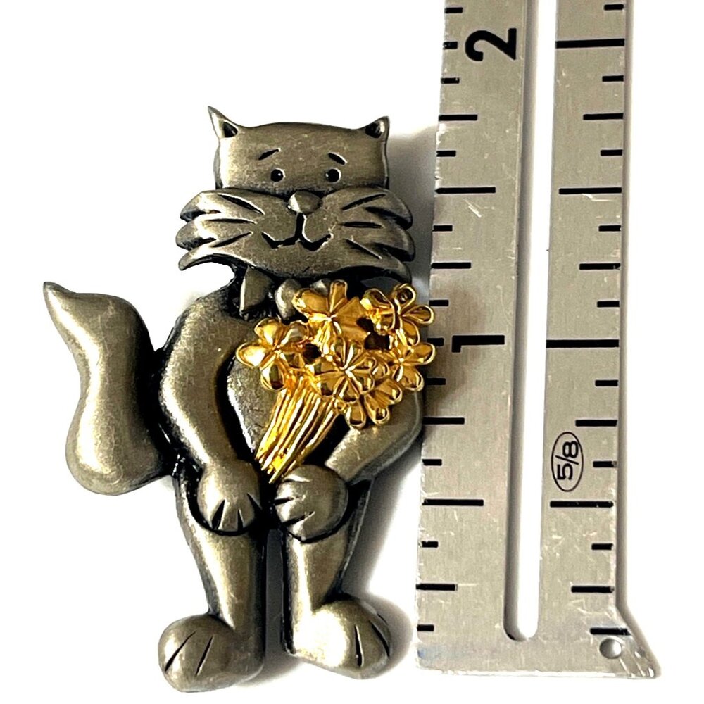 Alexandra Gentleman Cat Brooch Pin Pewter Gold-Tone Flowers Whimsical Design - Picture 6 of 6